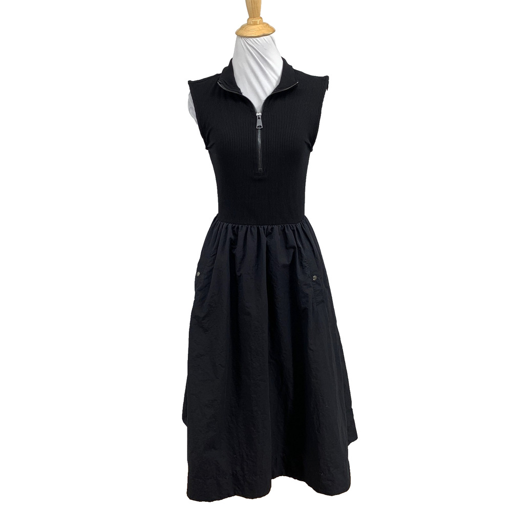 Ariella Dress Womens XS/S Black Mixed Media Sleeveless Half Zip Ribbed Midi